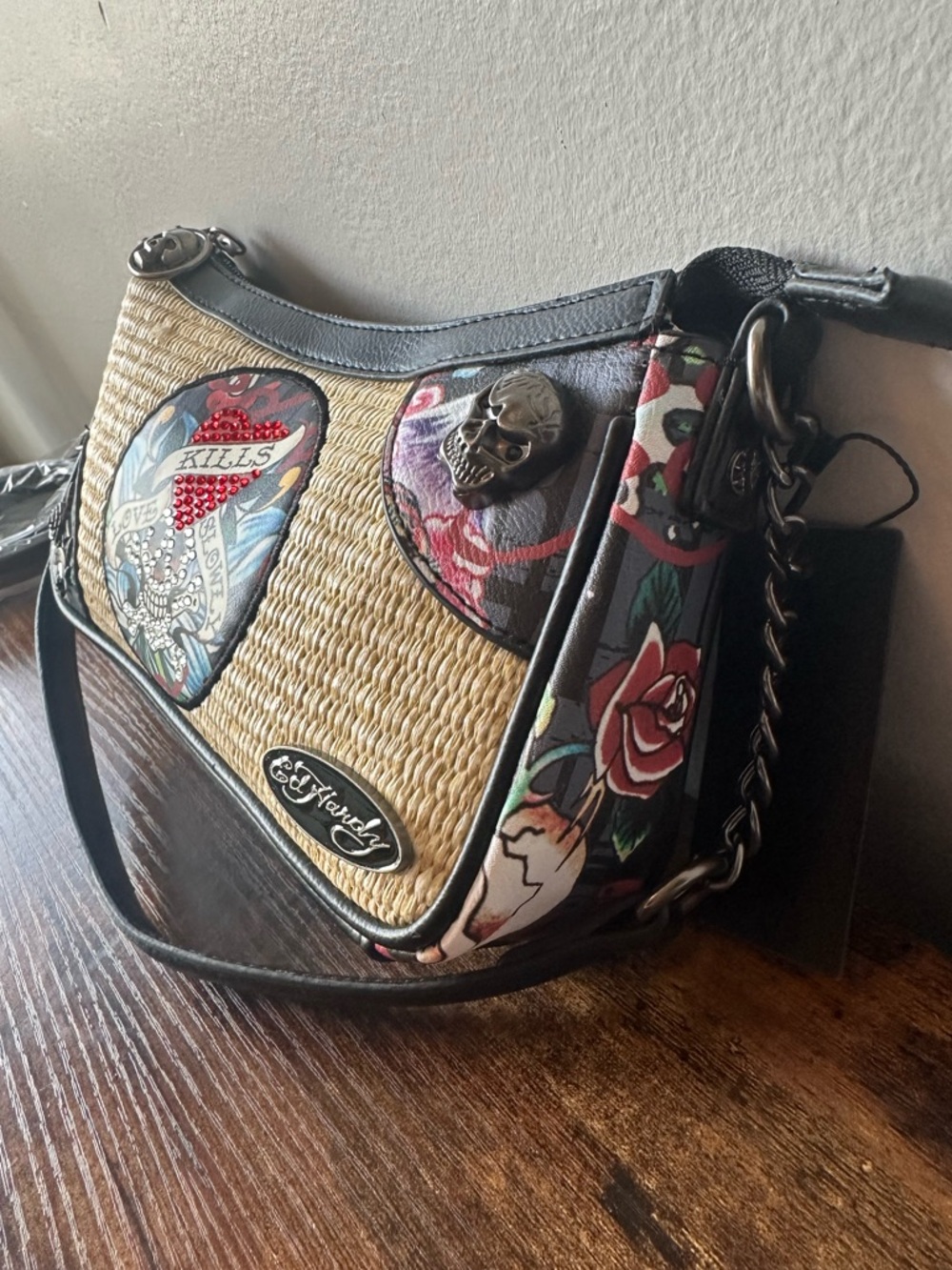 Ed Hardy Straw Shoulder / Crossbody Bag Black Trim & Multicolor Tattoo Print NWT - Picture 6 of 8
